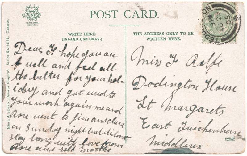 The reverse of an old postcard. The postcard is of Abingdon: St. Helen's from the Bridge