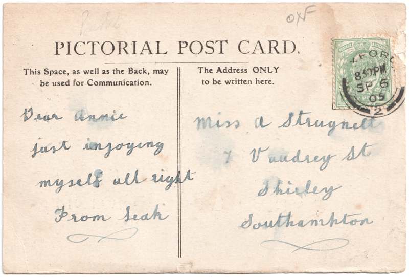 The reverse of an old postcard. The postcard is of Abingdon: Town Centre Streets