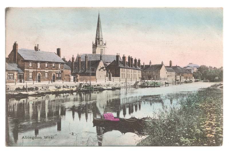The front of an old postcard. The postcard is of Abingdon: St. Helen's Wharf