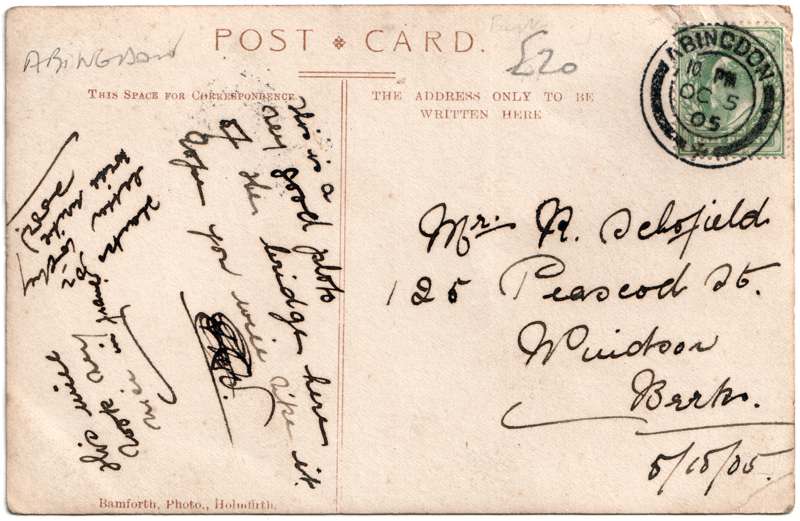 The reverse of an old postcard. The postcard is of Abingdon: Town Centre Streets