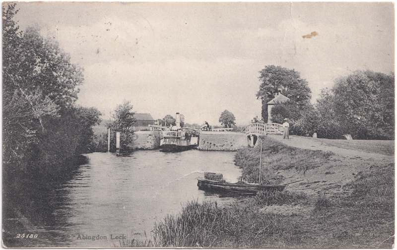 The front of an old postcard. The postcard is of Abingdon: Abingdon Lock