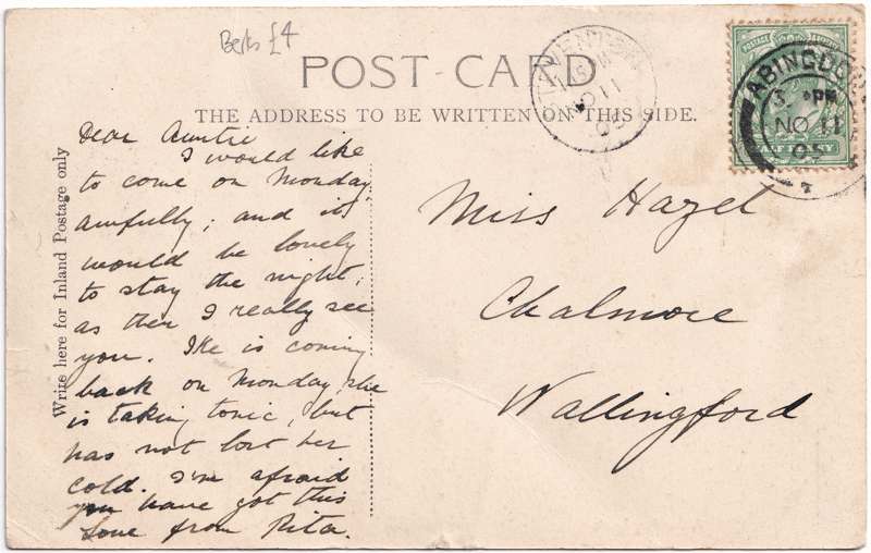 The reverse of an old postcard. The postcard is of Abingdon: Abingdon Lock