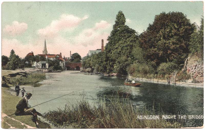The front of an old postcard. The postcard is of Abingdon: The Bridge