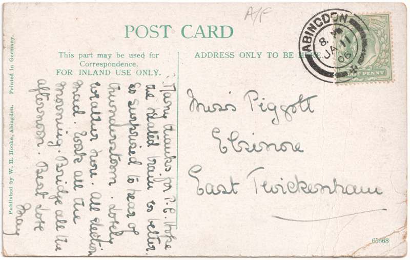 The reverse of an old postcard. The postcard is of Abingdon: The Bridge