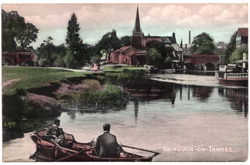 The front of an old postcard. The postcard is of Abingdon: The Bridge