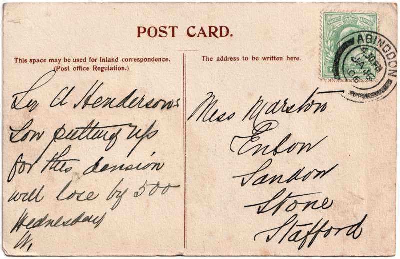 The reverse of an old postcard. The postcard is of Abingdon: The Bridge