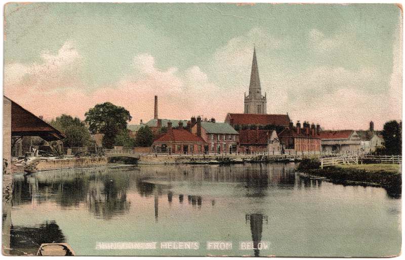The front of an old postcard. The postcard is of Abingdon: St. Helen's Wharf