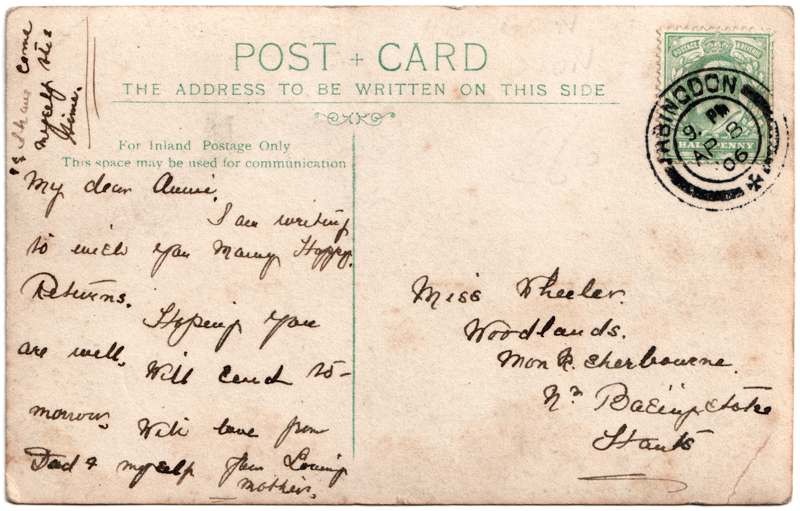 The reverse of an old postcard. The postcard is of Abingdon: Marketplace