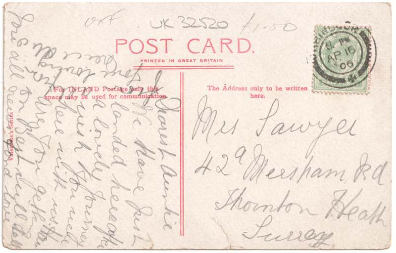 The reverse of an old postcard. The postcard is of Abingdon: Marketplace