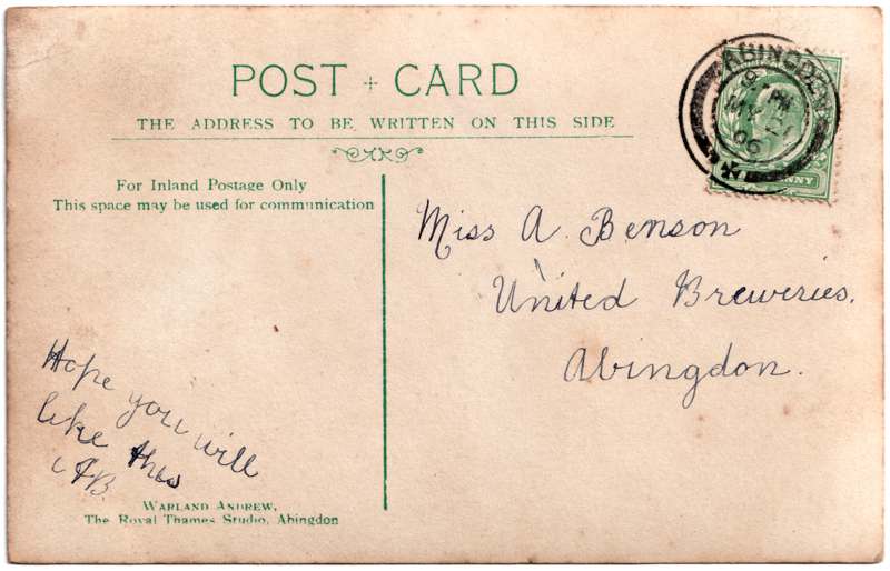 The reverse of an old postcard. The postcard is of Abingdon: Town Centre Streets