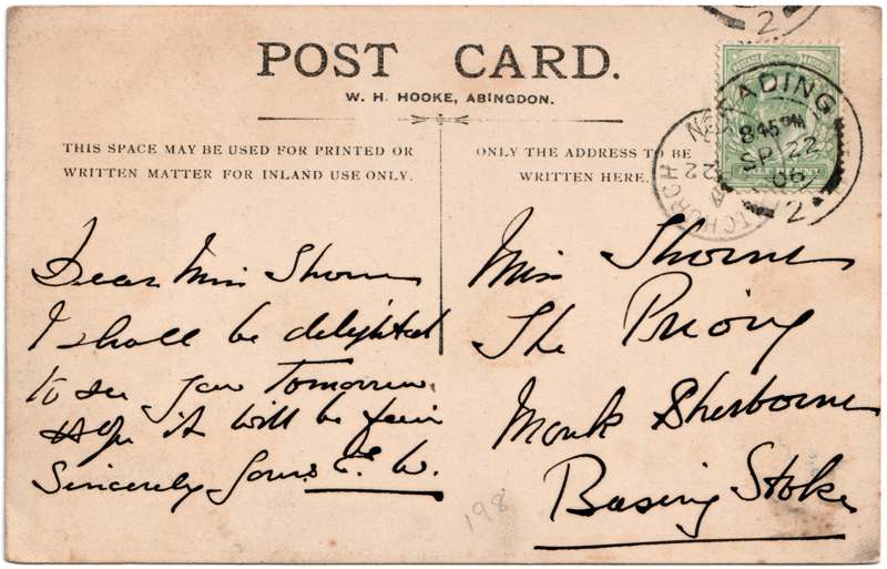 The reverse of an old postcard. The postcard is of Abingdon: Town Centre Streets