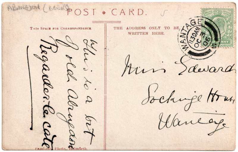 The reverse of an old postcard. The postcard is of Abingdon: St. Helen's Church and the Almshouses