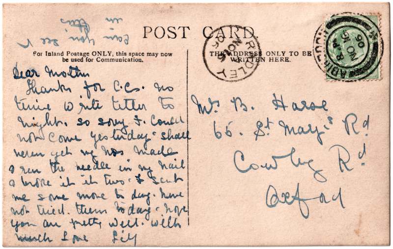 The reverse of an old postcard. The postcard is of Abingdon: Other local interest