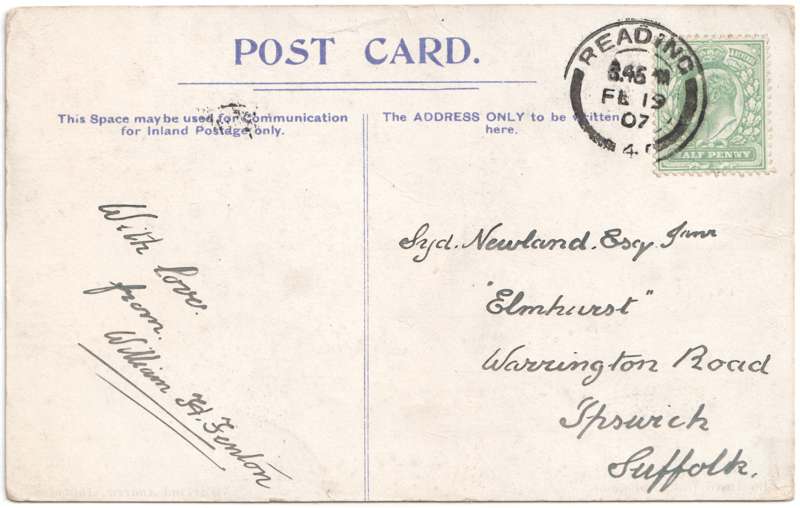 The reverse of an old postcard. The postcard is of Abingdon: Marketplace