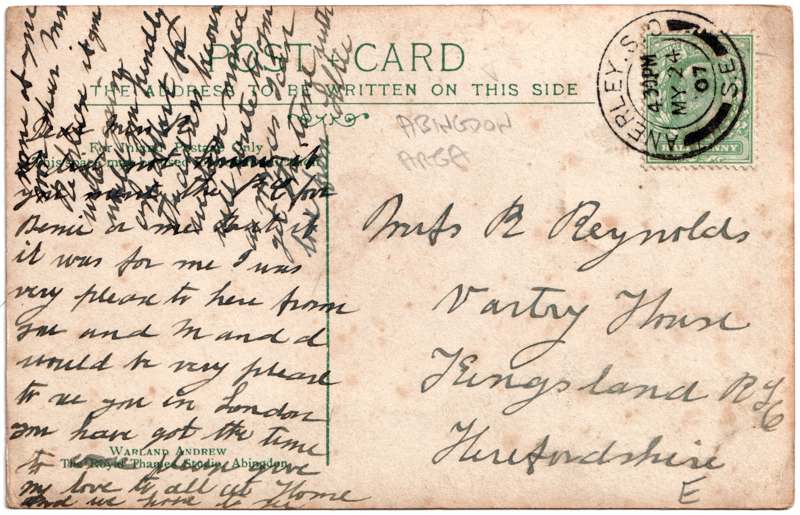 The reverse of an old postcard. The postcard is of Abingdon: Other local interest