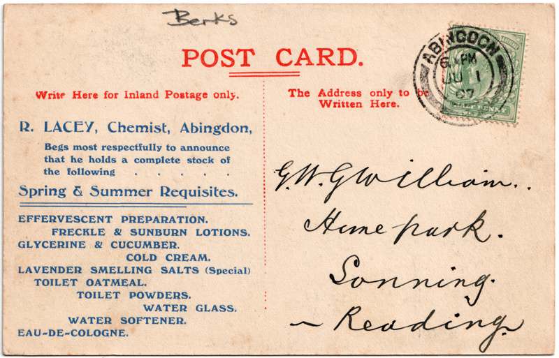 The reverse of an old postcard. The postcard is of Abingdon: Town Centre Streets