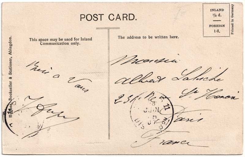 The reverse of an old postcard. The postcard is of Abingdon: Town Centre Streets