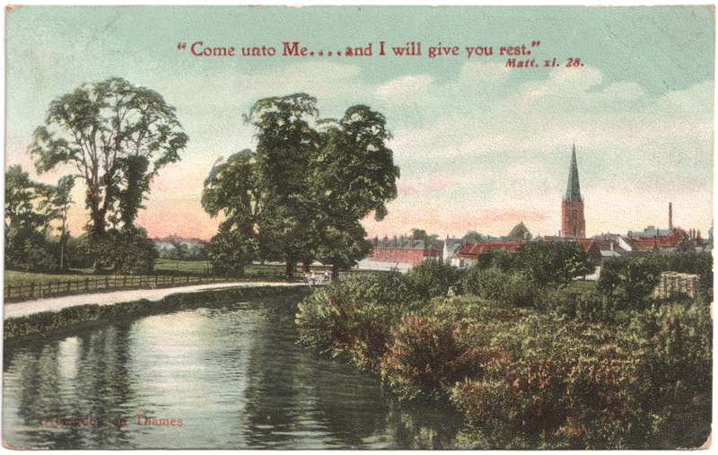 The front of an old postcard. The postcard is of Abingdon: St. Helen's from the Bridge
