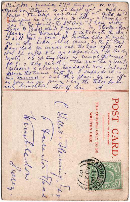 The reverse of an old postcard. The postcard is of Abingdon: Albert Park and Abingdon School