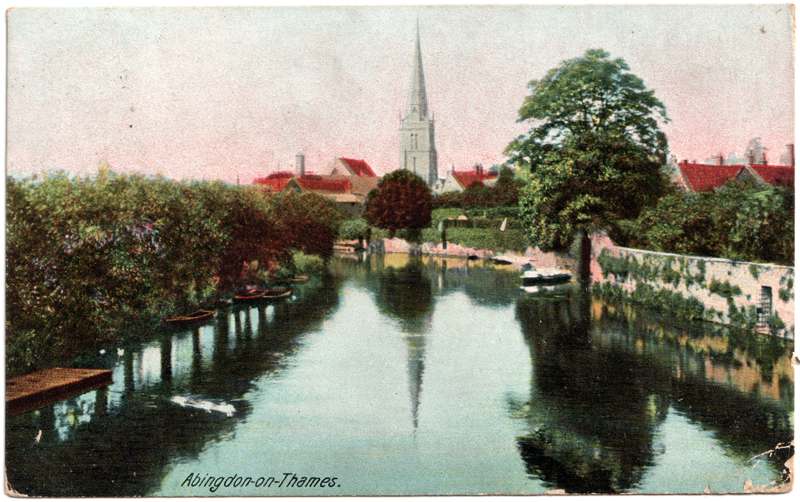 The front of an old postcard. The postcard is of Abingdon: St. Helen's from the Bridge