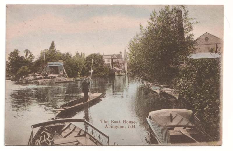 The front of an old postcard. The postcard is of Abingdon: The Bridge