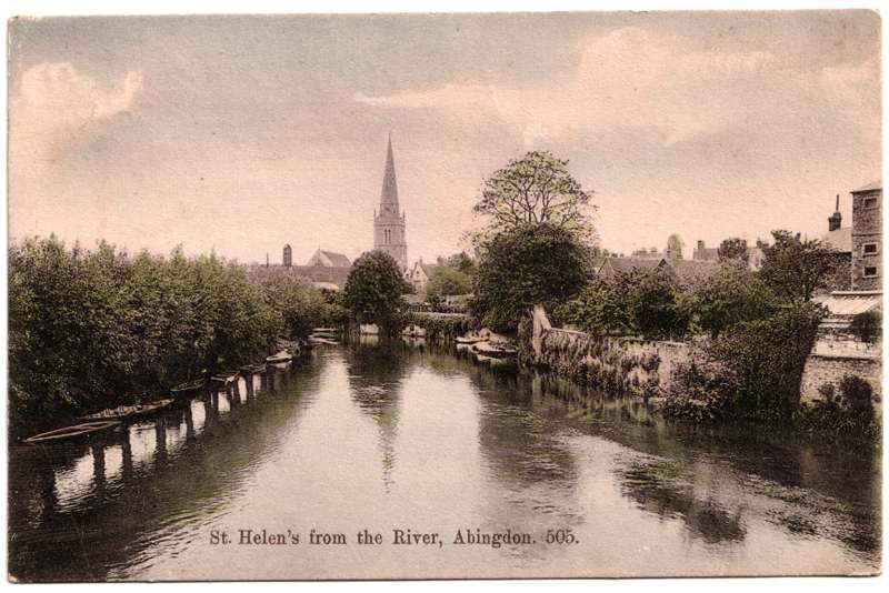 The front of an old postcard. The postcard is of Abingdon: St. Helen's from the Bridge