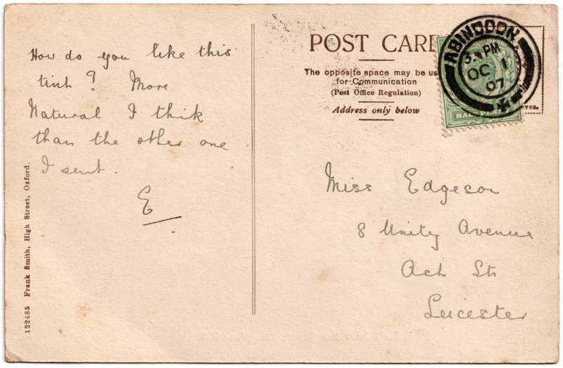 The reverse of an old postcard. The postcard is of Abingdon: St. Helen's from the Bridge