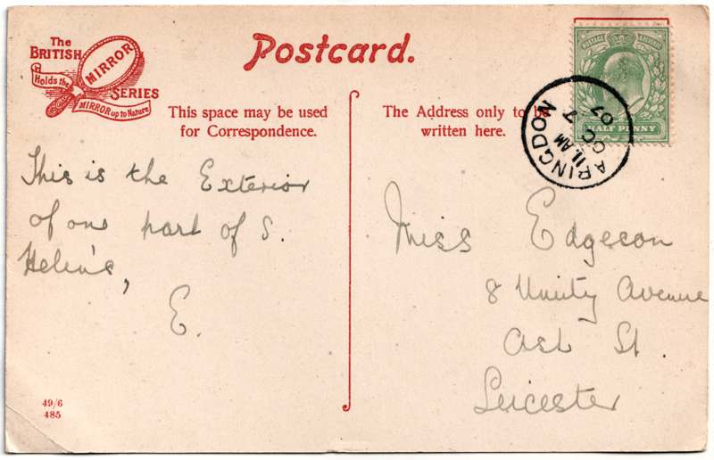 The reverse of an old postcard. The postcard is of Abingdon: St. Helen's Church and the Almshouses