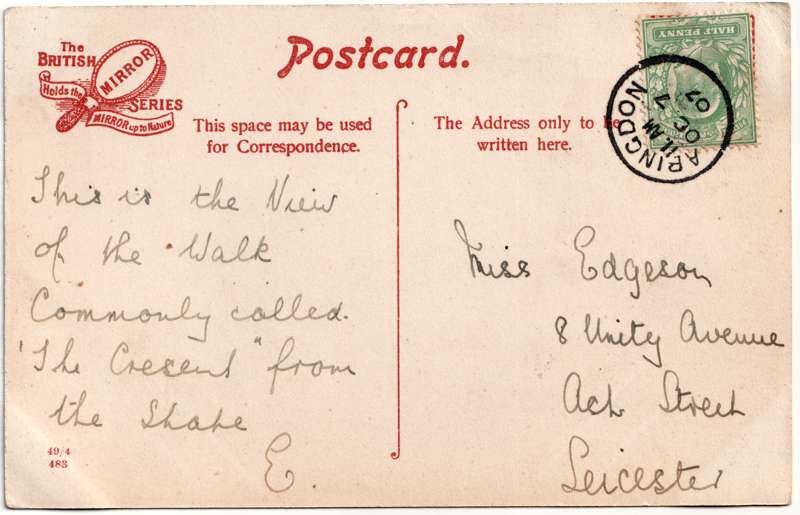 The reverse of an old postcard. The postcard is of Abingdon: Albert Park and Abingdon School