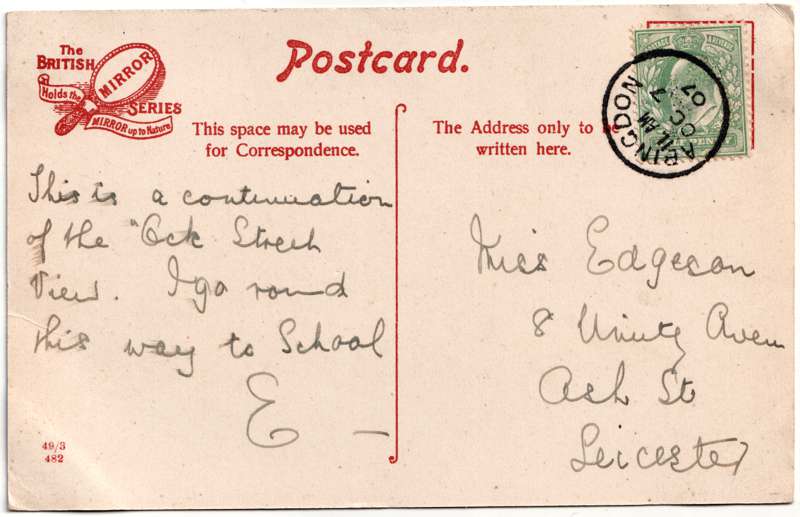 The reverse of an old postcard. The postcard is of Abingdon: Town Centre Streets