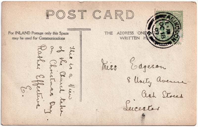 The reverse of an old postcard. The postcard is of Abingdon: St. Helen's Church and the Almshouses