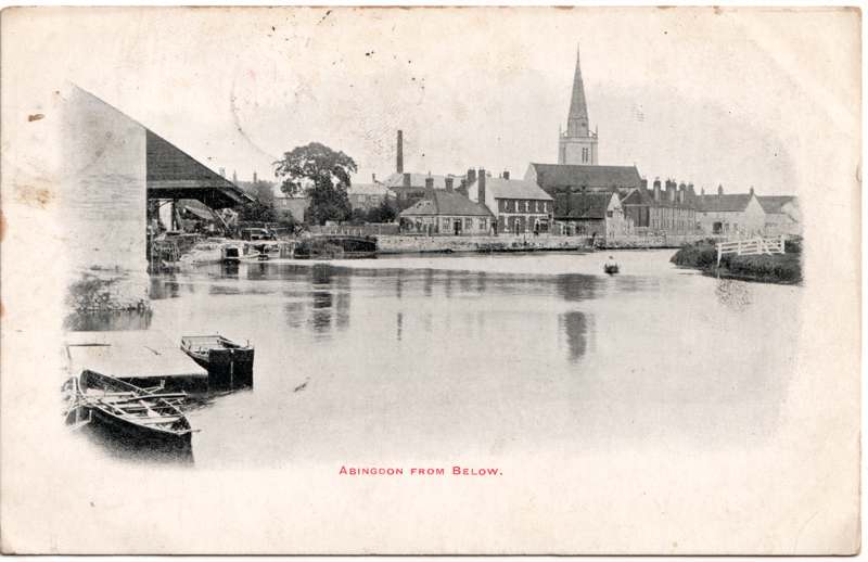 The front of an old postcard. The postcard is of Abingdon: St. Helen's Wharf