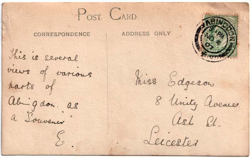 The reverse of an old postcard. The postcard is of Abingdon: Multiview