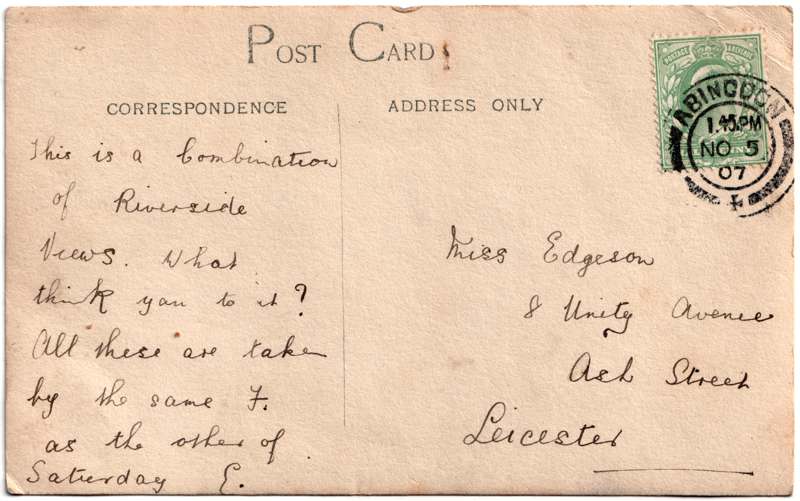 The reverse of an old postcard. The postcard is of Abingdon: Multiview