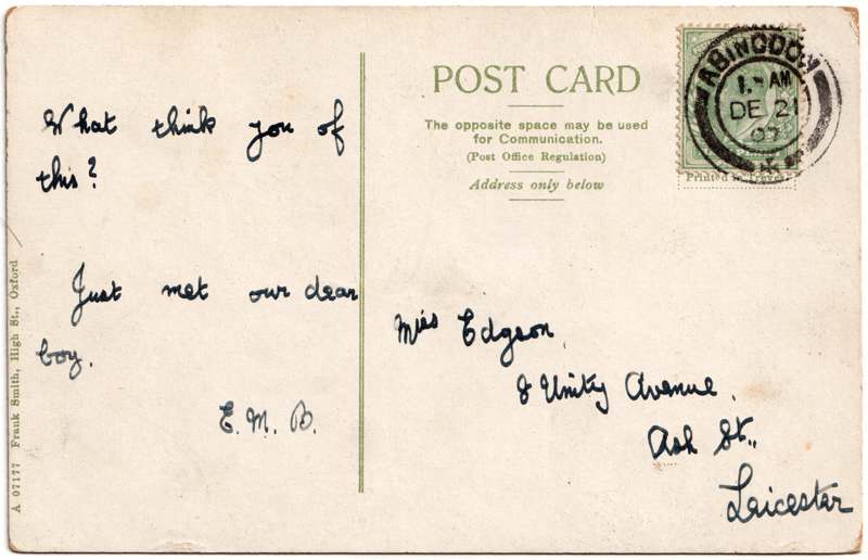 The reverse of an old postcard. The postcard is of Abingdon: Multiview