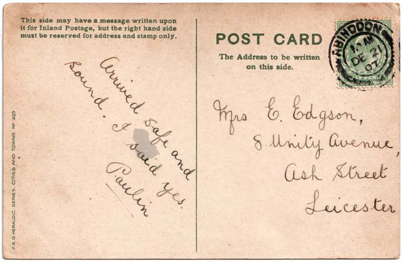 The reverse of an old postcard. The postcard is of Abingdon: St. Helen's from the Bridge