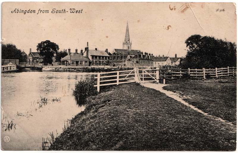 The front of an old postcard. The postcard is of Abingdon: St. Helen's Wharf