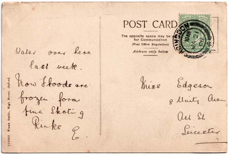 The reverse of an old postcard. The postcard is of Abingdon: The Abbey Buildings