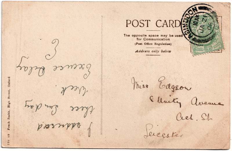 The reverse of an old postcard. The postcard is of Abingdon: St. Helen's Church and the Almshouses