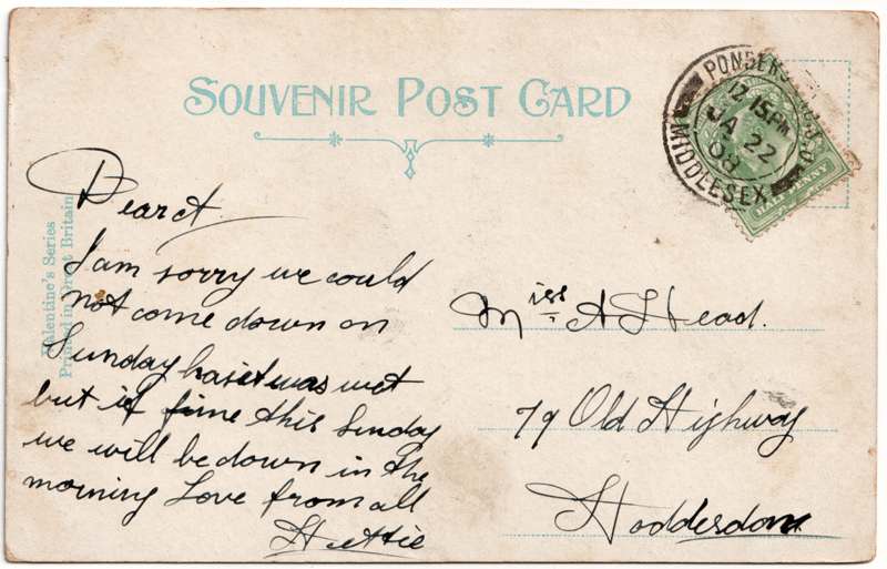 The reverse of an old postcard. The postcard is of Abingdon: Marketplace