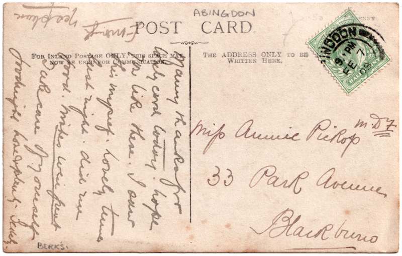 The reverse of an old postcard. The postcard is of Abingdon: Marketplace