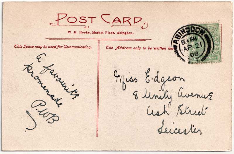 The reverse of an old postcard. The postcard is of Abingdon: Other local interest