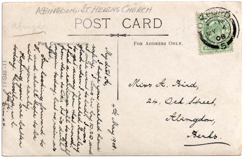 The reverse of an old postcard. The postcard is of Abingdon: Town Centre Streets