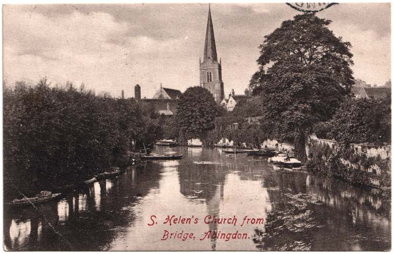 The front of an old postcard. The postcard is of Abingdon: St. Helen's from the Bridge
