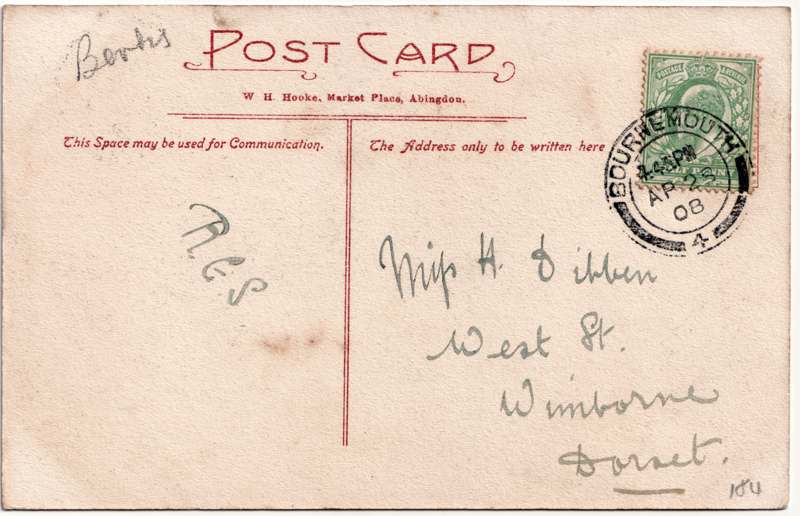 The reverse of an old postcard. The postcard is of Abingdon: St. Helen's from the Bridge