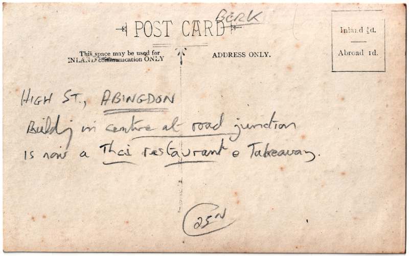 The reverse of an old postcard. The postcard is of Abingdon: Town Centre Streets