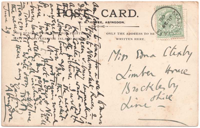 The reverse of an old postcard. The postcard is of Abingdon: Schools