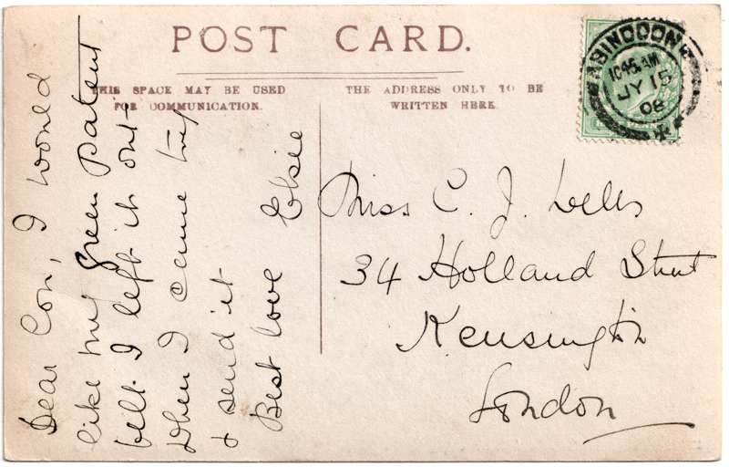 The reverse of an old postcard. The postcard is of Abingdon: Town Centre Streets