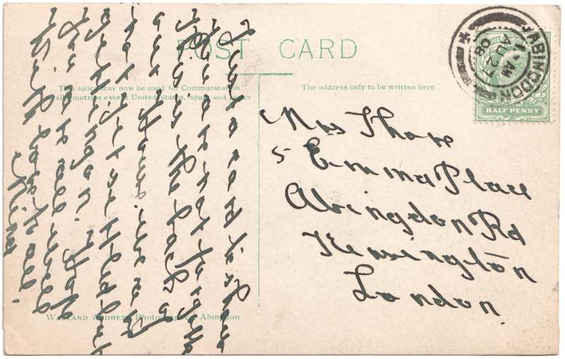 The reverse of an old postcard. The postcard is of Abingdon: Other local interest