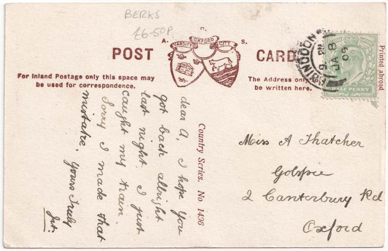 The reverse of an old postcard. The postcard is of Abingdon: Other Streets